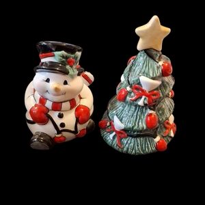 Fitz And Floyd Salt And Pepper Shakers Cheers 2006 Snowman & Christmas Tree
